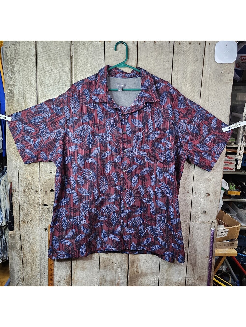 Van Heusen Men's 2XL Tropical Leaf Pattern Casual Button Down Shirt Red Blue